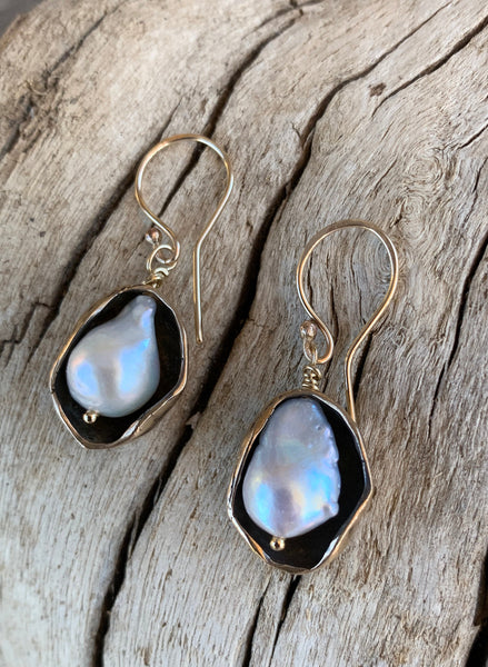 Bronze Pod Earrings with Flame Ball Pearls and 14K Gold Fill Ear Wire
