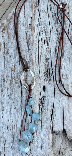 Handmade Sterling Silver Organic Hammered Oval Leather Adjustable Long Lariat Necklace with Variegated Aquamarine Cluster