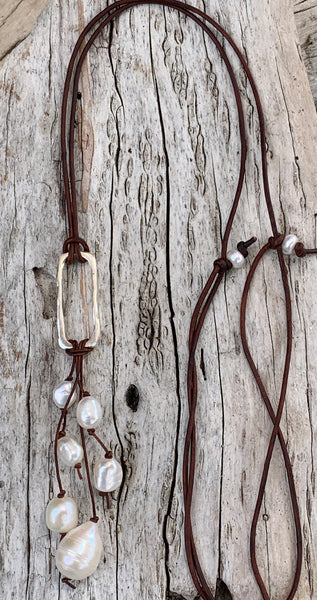Handmade Sterling Silver Organic Rectangle Leather Adjustable Long Lariat Necklace with Freshwater Pearl Cluster