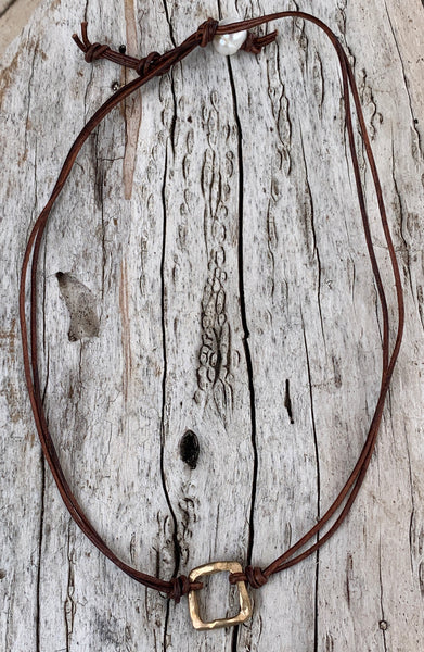 Handmade Organic Bronze Square Leather Choker Necklace
