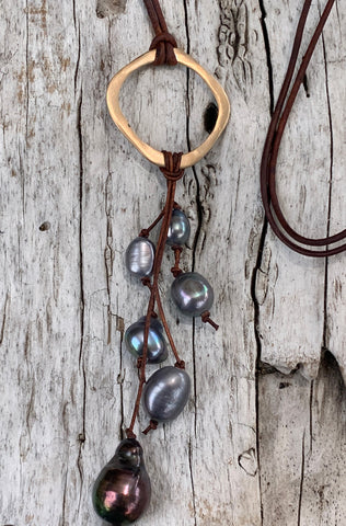 Handmade Bronze Organic Circle Leather Adjustable Long Lariat Necklace with Black Baroque Pearls