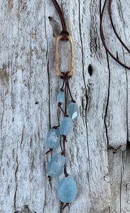Handmade Bronze Organic Rectangle Leather Adjustable Long Lariat Necklace with Variegated Step Cut Aquamarine