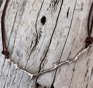 Handmade Sterling Coral Branch Necklace on 1.5 MM Antique Brown Leather Cord with Pearl Closure