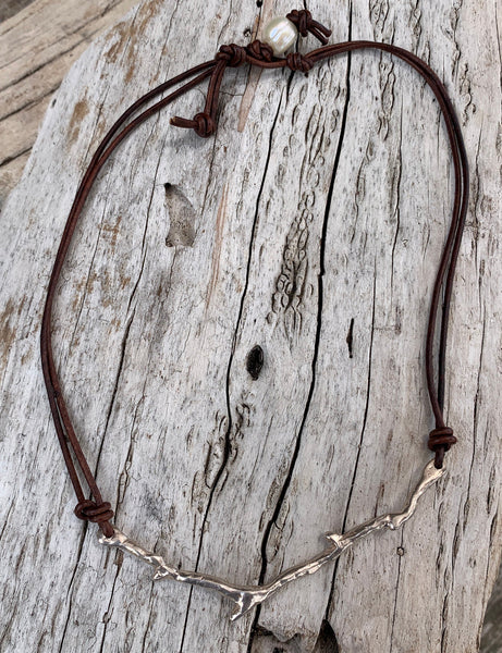 Handmade Sterling Coral Branch Necklace on 1.5 MM Antique Brown Leather Cord with Pearl Closure