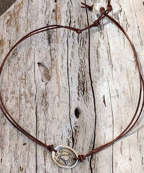 Handmade Organic Sterling Silver Saturn Leather Choker Necklace