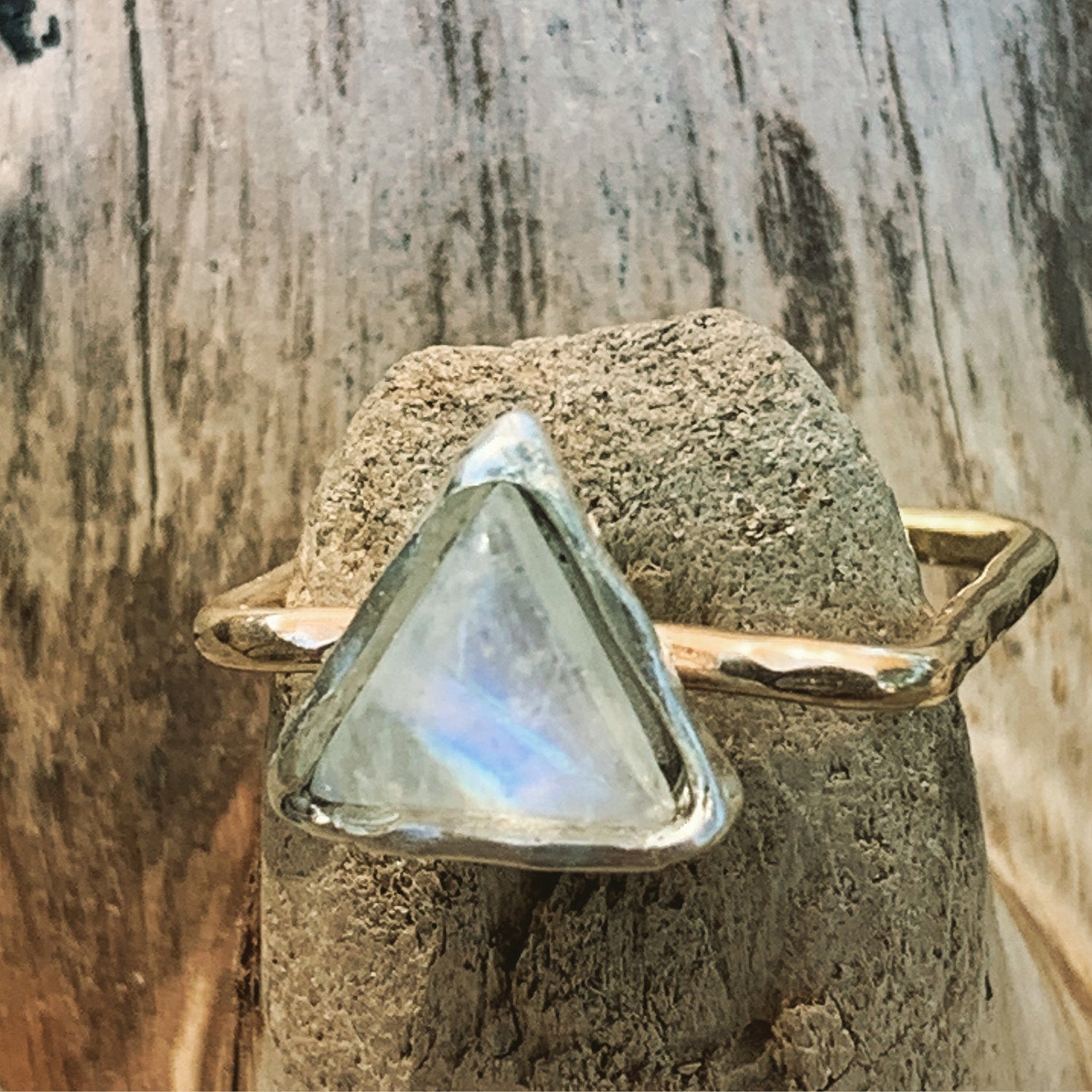 Delicate Mixed Metal Square Ring with Triangle Moonstone