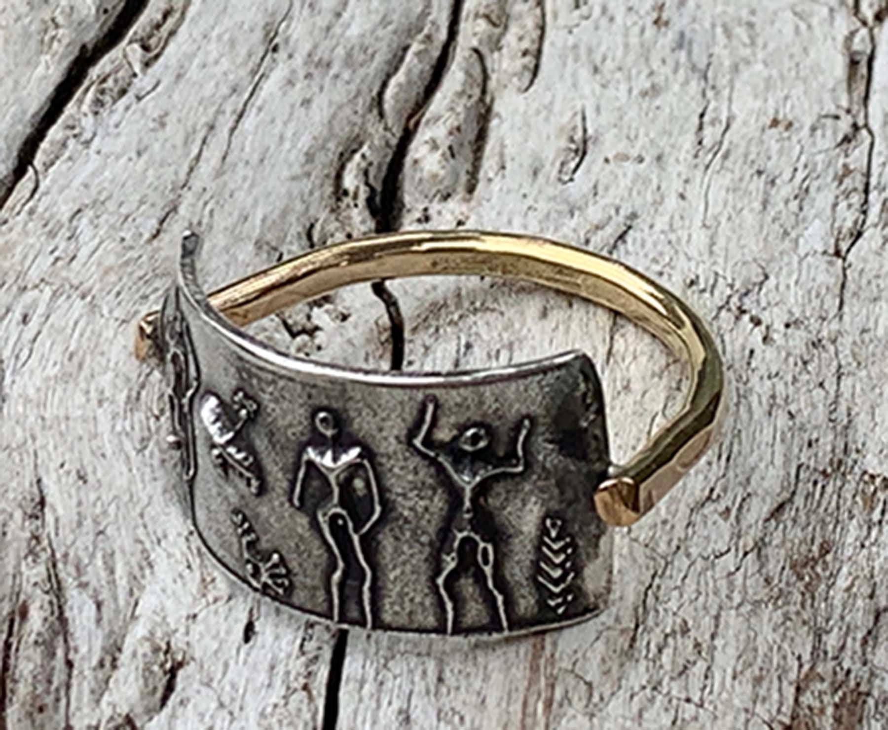 Silver Cave Art Ring with 14K Gold Fill Band