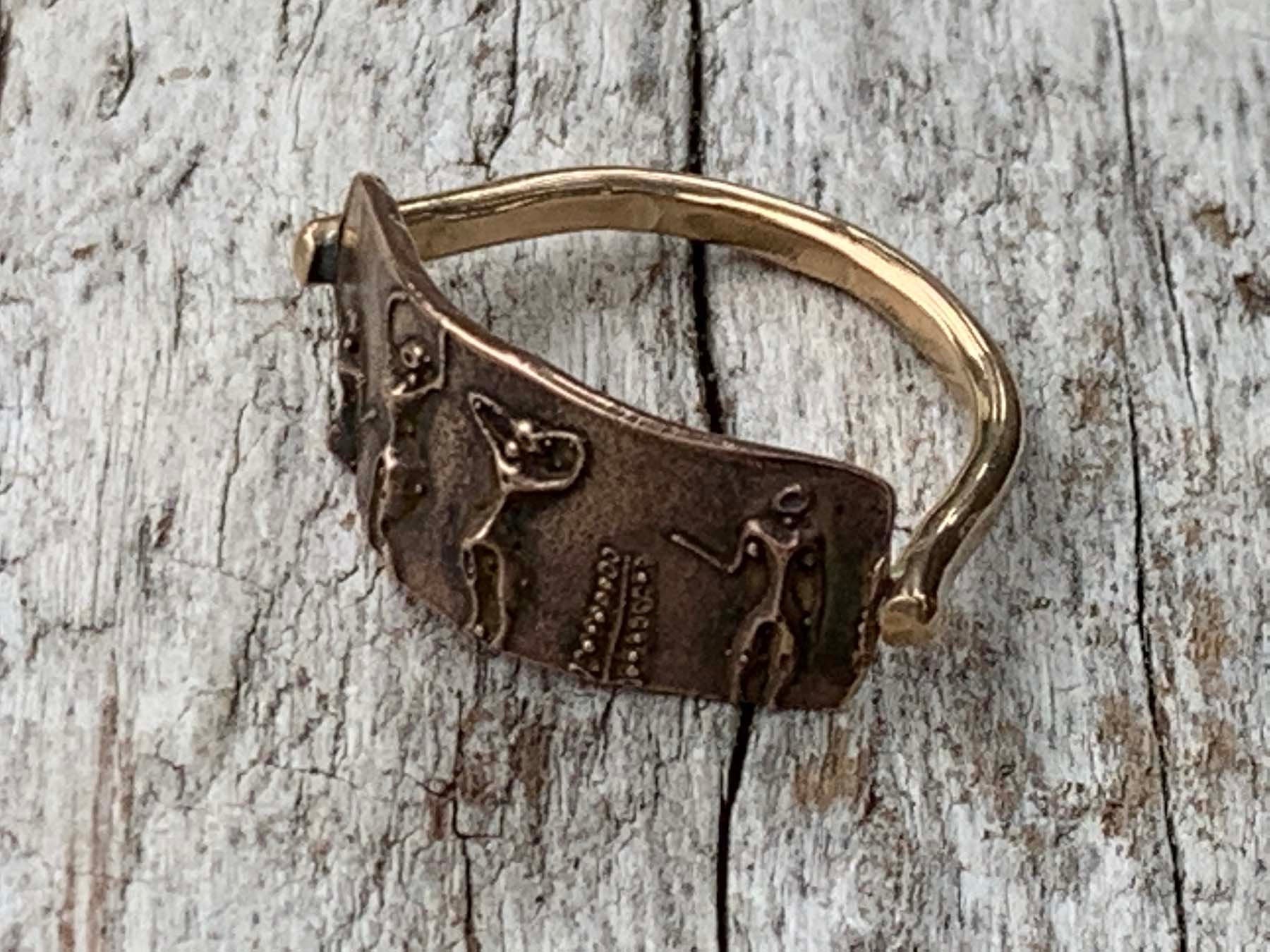 Bronze Cave Art Ring with 14K Gold Fill Band