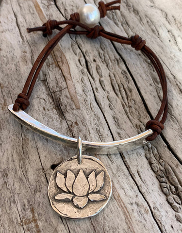 Hand Made Cast and Hammered Sterling Silver Organic Bar and Lotus Charm Leather Bracelet with Adjustable Silver Pearl Closure
