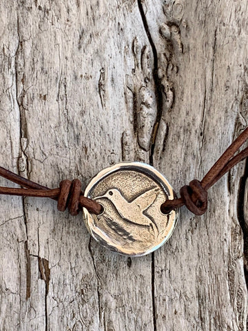 Handmade Organic Sterling Silver Hummingbird Leather Choker Necklace