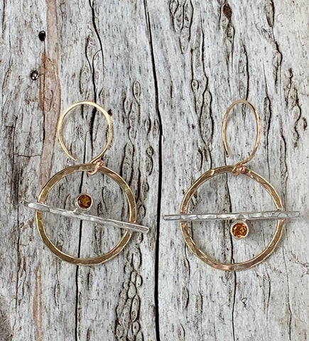 Mixed Metal Circle Earrings with Tube Set Citrine