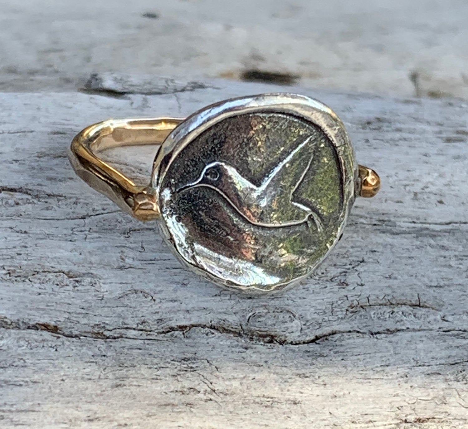 Silver Hummingbird Charm Ring with 14K Gold Fill Band