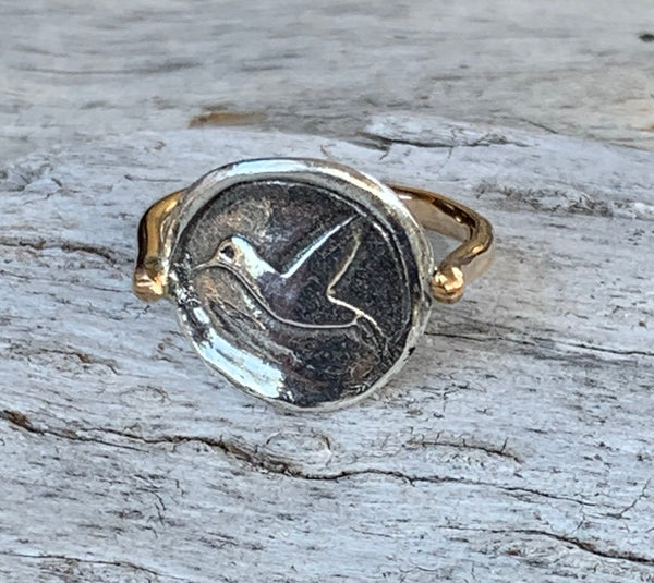 Silver Hummingbird Charm Ring with 14K Gold Fill Band