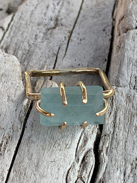 Handmade 14K Gold Fill Freeform Faceted Aquamarine Square Ring