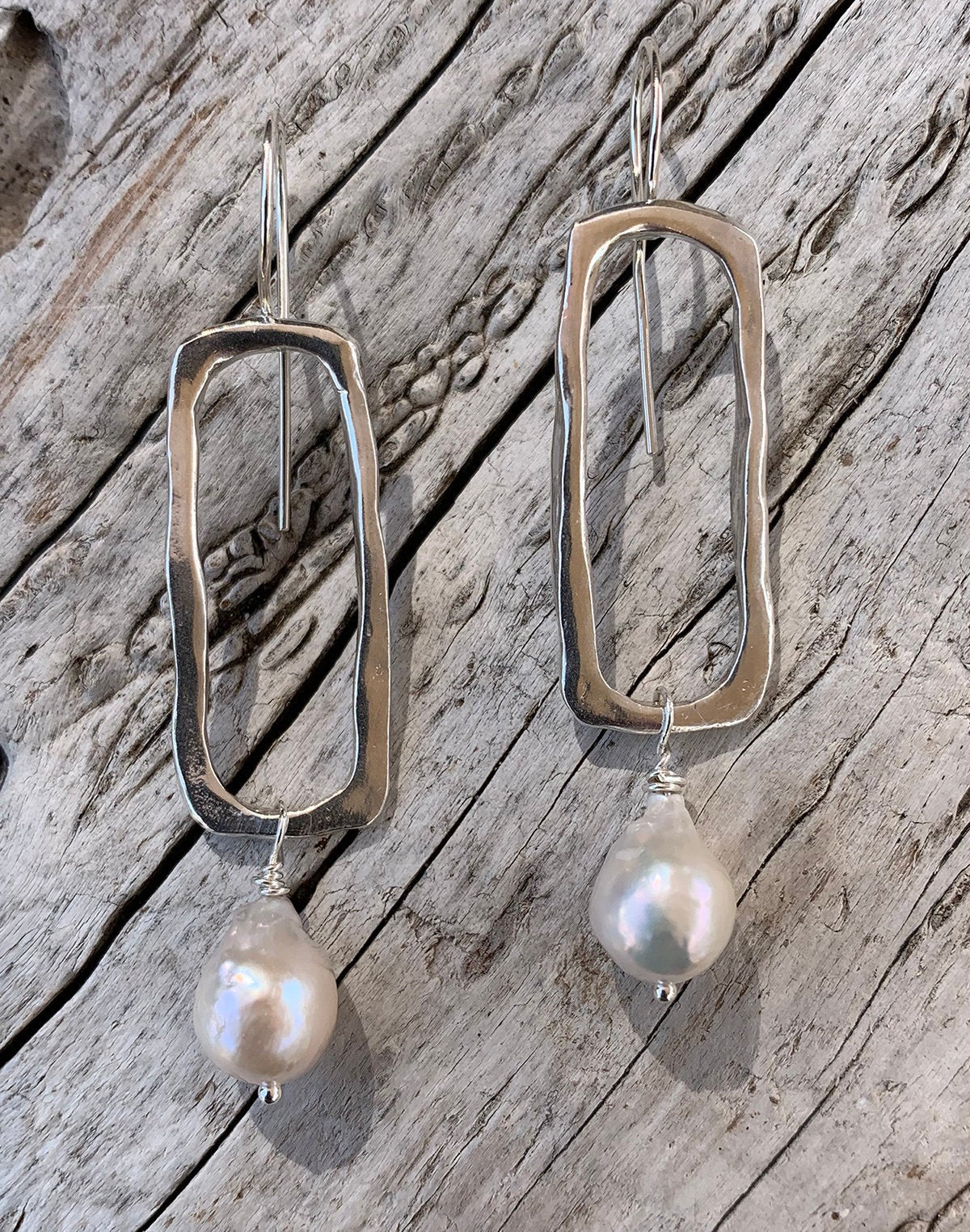 Handmade Sterling Silver Organic Rectangle Earrings with Flame Ball Pearl Drop
