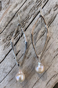 Handmade Silver Organic Diamond Shape Long Earrings with Flame Ball Pearl Drop