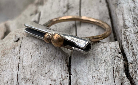 Organic Two Peas in a Pod Silver Bar Ring with Two Bronze Beads and 14K Gold Fill Band