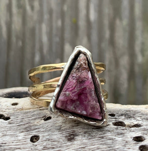 Handmade Mixed Metal Triangular Pink Tourmaline Druzy Wrap Style Ring