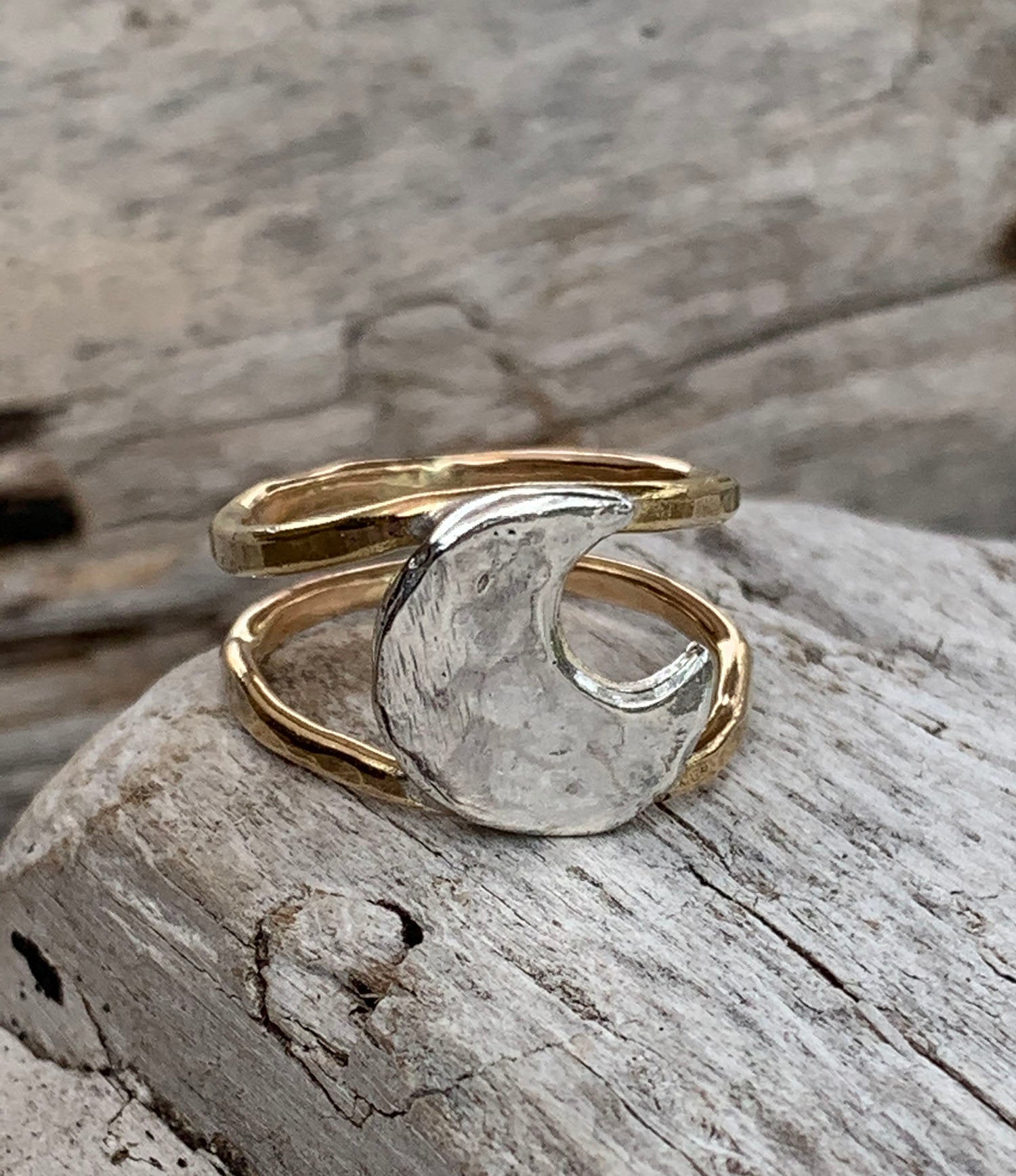 Silver Hammered Moon Ring with Double 14K Gold Fill Bands