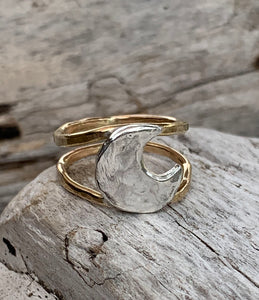 Silver Hammered Moon Ring with Double 14K Gold Fill Bands