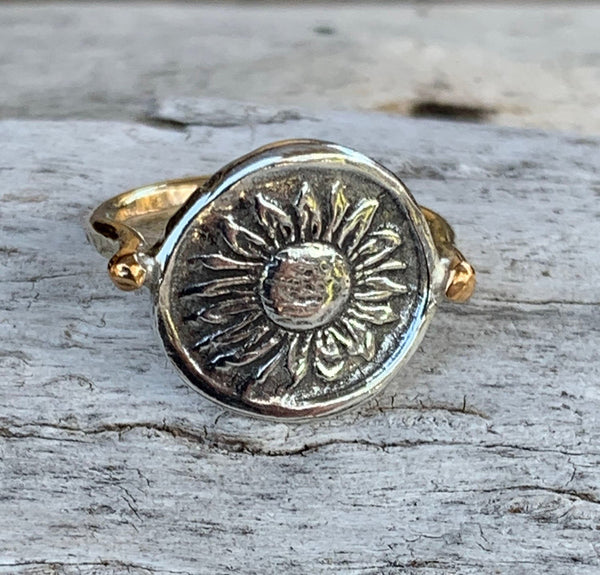Silver Sunflower Charm Ring with 14K Gold Fill Band