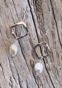 Handmade Sterling Silver Organic Square Earrings with Baroque Pearls Drop