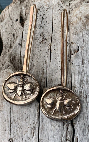Handmade 14K Gold Fill Long Earrings with Bronze Bee Charms