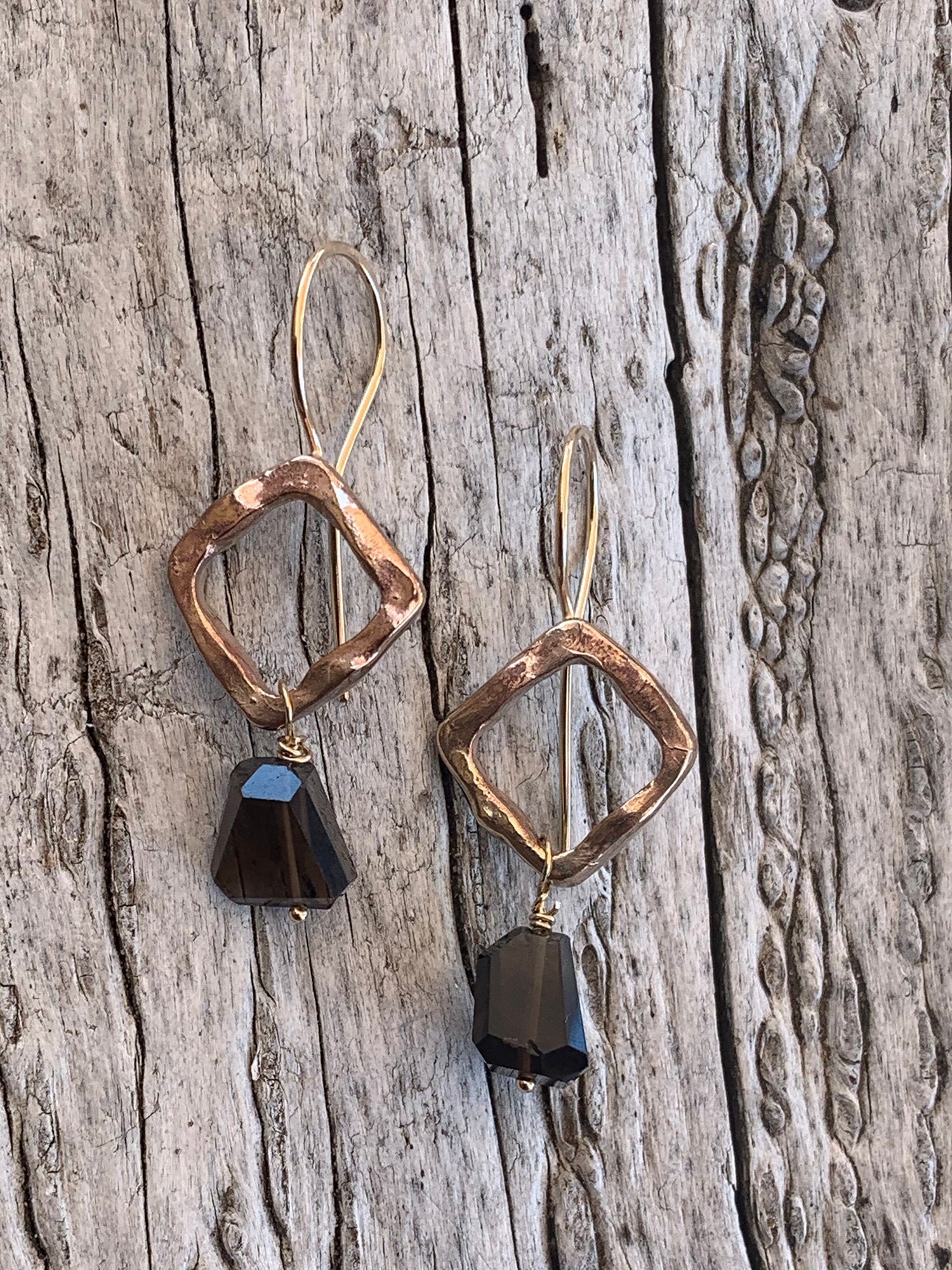 Handmade Bronze Organic Square Earrings with Step Cut Smokey Quartz Drop
