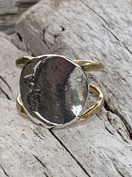 Silver Crescent Moon Ring with Double 14K Gold Fill Band