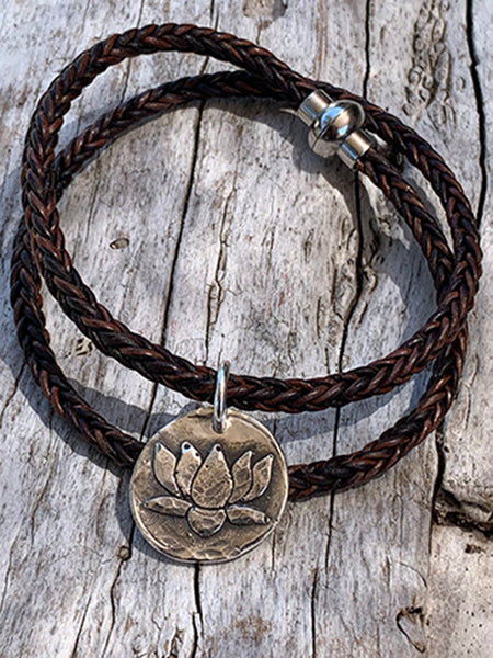 Hand Made Cast Lotus Charm on Braided Leather Necklace or Double Wrap Bracelet with Magnetic Closure