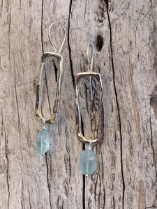 Handmade Sterling Silver Organic Rectangle Earrings with Step Cut Aquamarine Drop