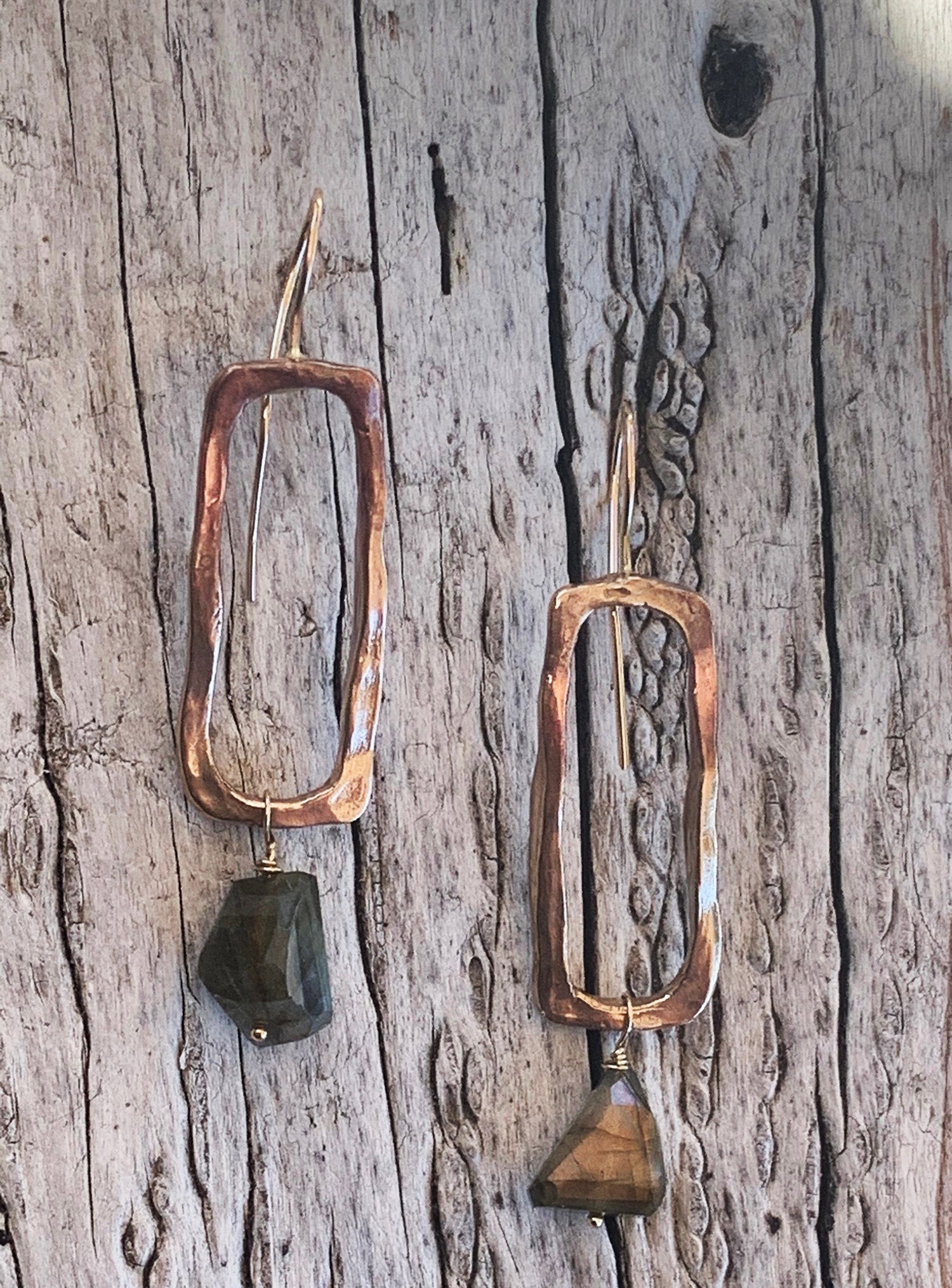 Handmade Bronze Organic Rectangle Earrings with Step Cut Labradorite Drop