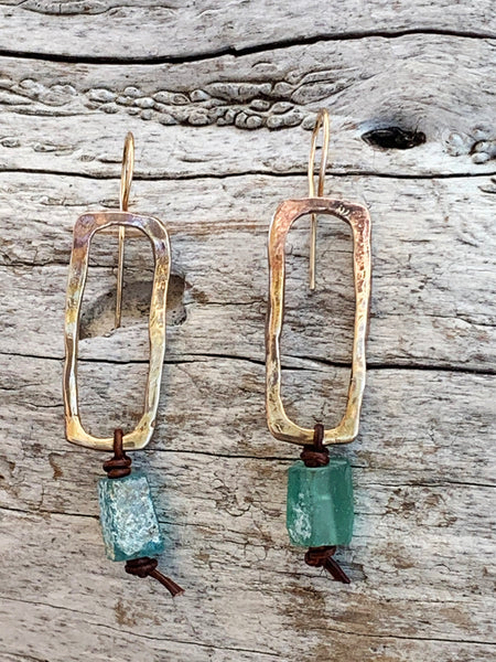 Handmade Bronze Organic Rectangle Earrings with Roman Glass Drop