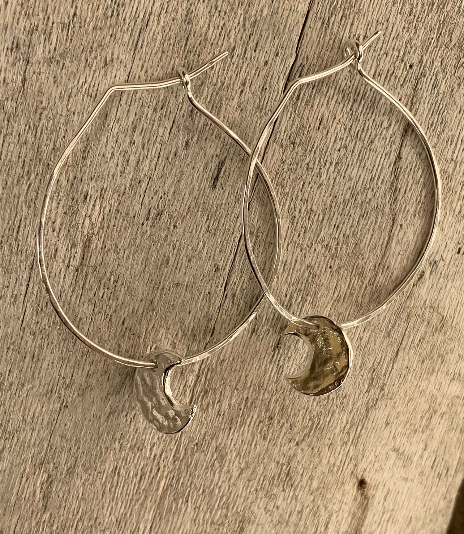 Handmade Sterling Silver Hoop Earrings with Silver Crescent Moons