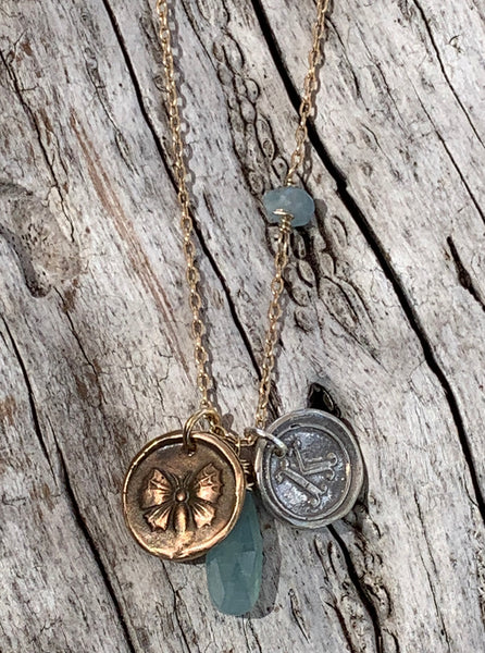 Memorial 14K Gold Fill Necklace with Sterling Silver Letter & Bronze Butterfly Charms with Aquamarine Drop