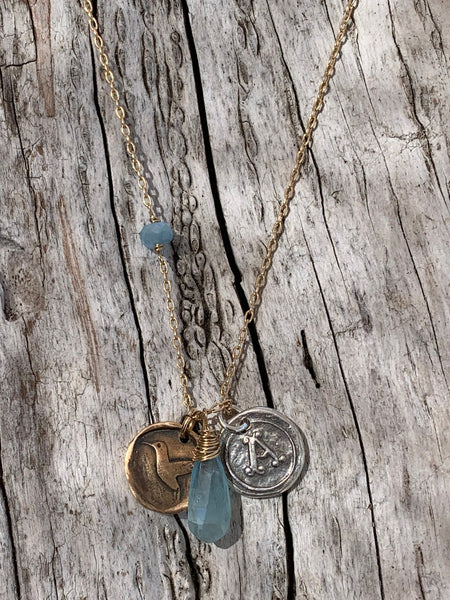 Memorial 14K Gold Fill Necklace with Sterling Silver Letter & Bronze Hummingbird Charms with Aquamarine Drop