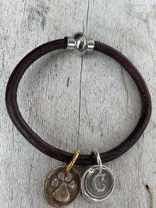 Four Legged Friends Past and Present Leather Bracelet with Sterling Silver Letter and Bronze Paw Charm