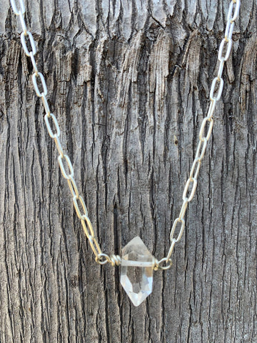 Handmade Single Herkimer Diamond Necklace on Sterling Silver Paper Clip Chain