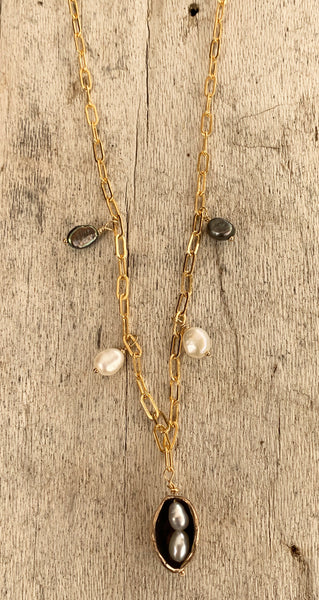Handmade Bronze Two Peas in a Pod Necklace with Seed Pearls on 14K GF Paper Clip Chain