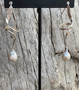 Handmade Sterling Silver Twirl Earrings with Flame Ball Pearl Drop