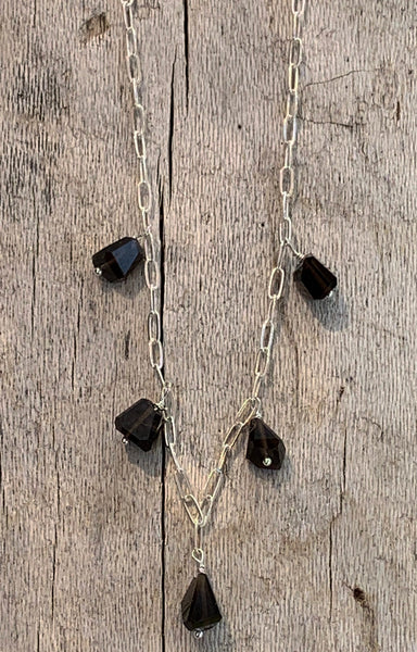 Handmade Variegated Five Bead Smokey Quartz Necklace on 14K GF Paper Clip Chain