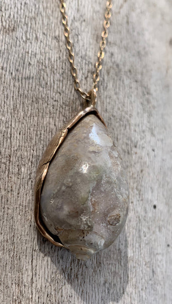 14K Gold Fill Fossilized Shell Pendant on Long Layering Necklace with Four Herkimer Diamonds