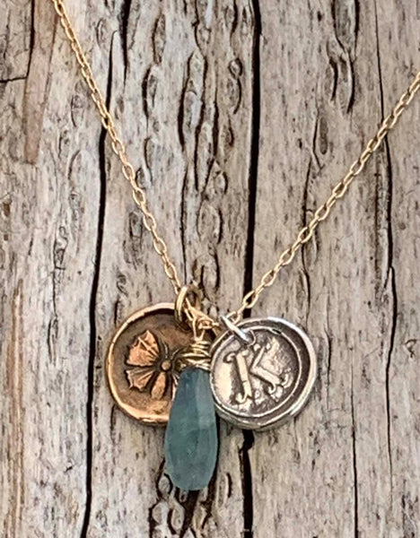 Memorial 14K Gold Fill Necklace with Sterling Silver Letter & Bronze Butterfly Charms with Aquamarine Drop