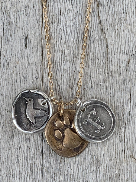 Four Legged Friend Memorial 14K Gold Fill Necklace with Sterling Silver Letter and Hummingbird Charms with Bronze Paw Charm