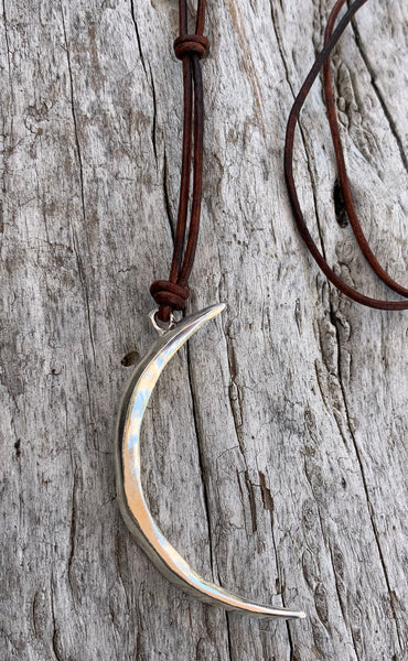 Handmade Sterling Silver Long Crescent Moon Leather Necklace