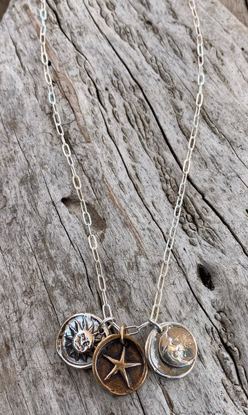 Sterling Silver Paper Clip Chain Necklace with Sterling Silver Sun and Moon Charms with a Bronze Star Charm