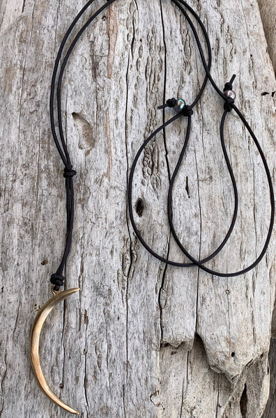 Handmade Bronze Long Crescent Moon Leather Necklace