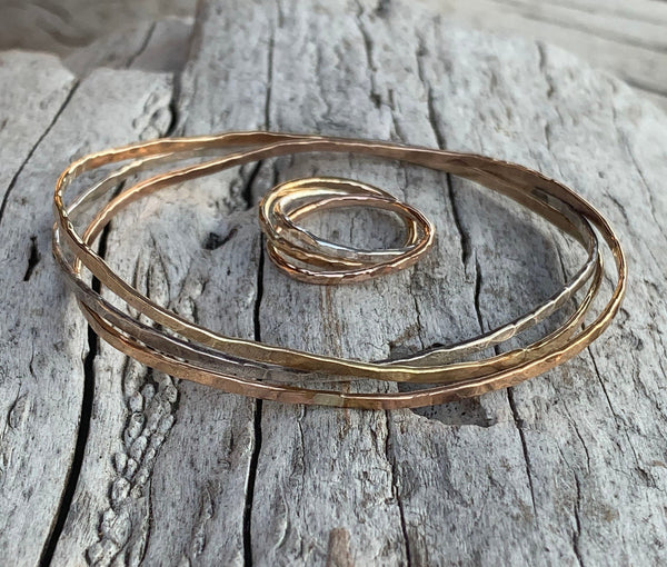Mixed Metal Hammered and Connected Trinity Three Bangle Set