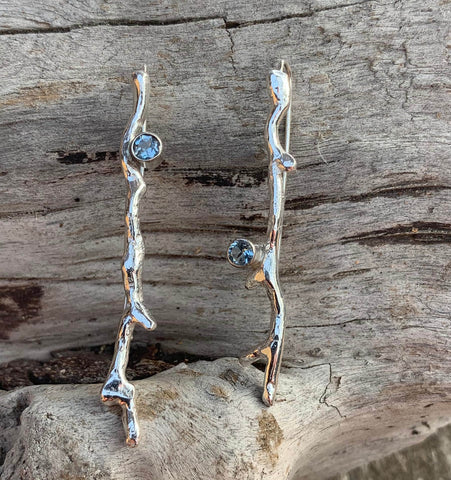 Handmade Sterling Silver Branch Tube Set Aquamarine Earrings