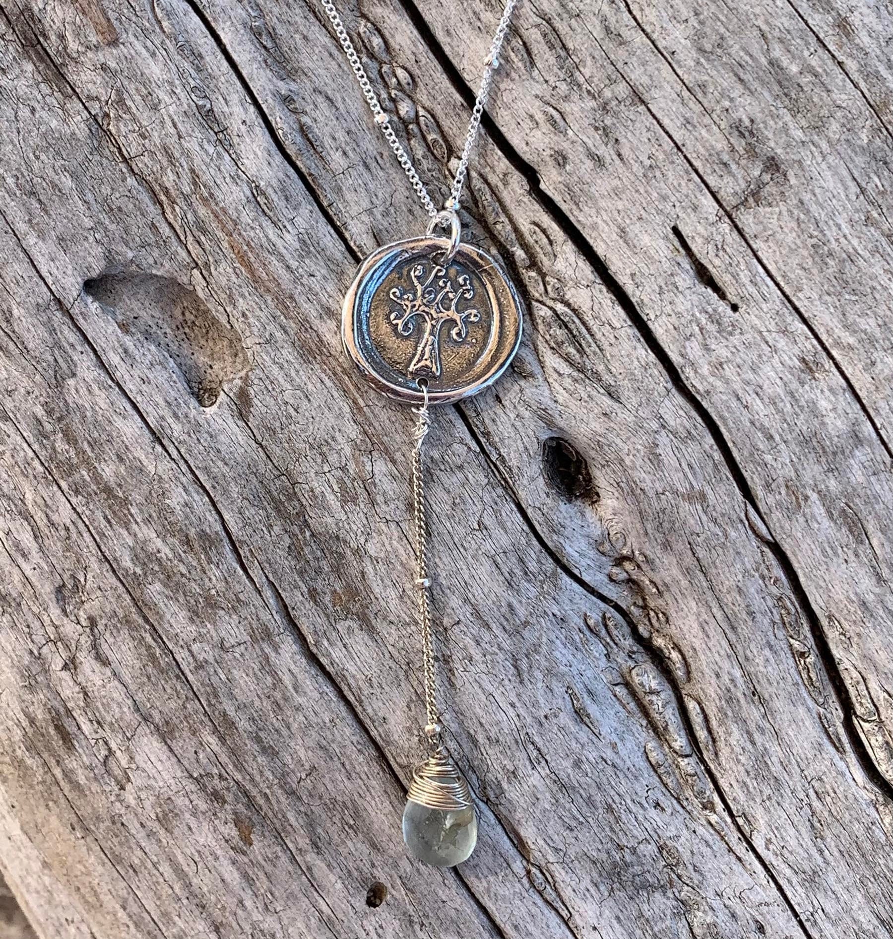 Handmade Sterling Tree of Life Silver Charm Lariat Delicate Necklace with Aquamarine Drop